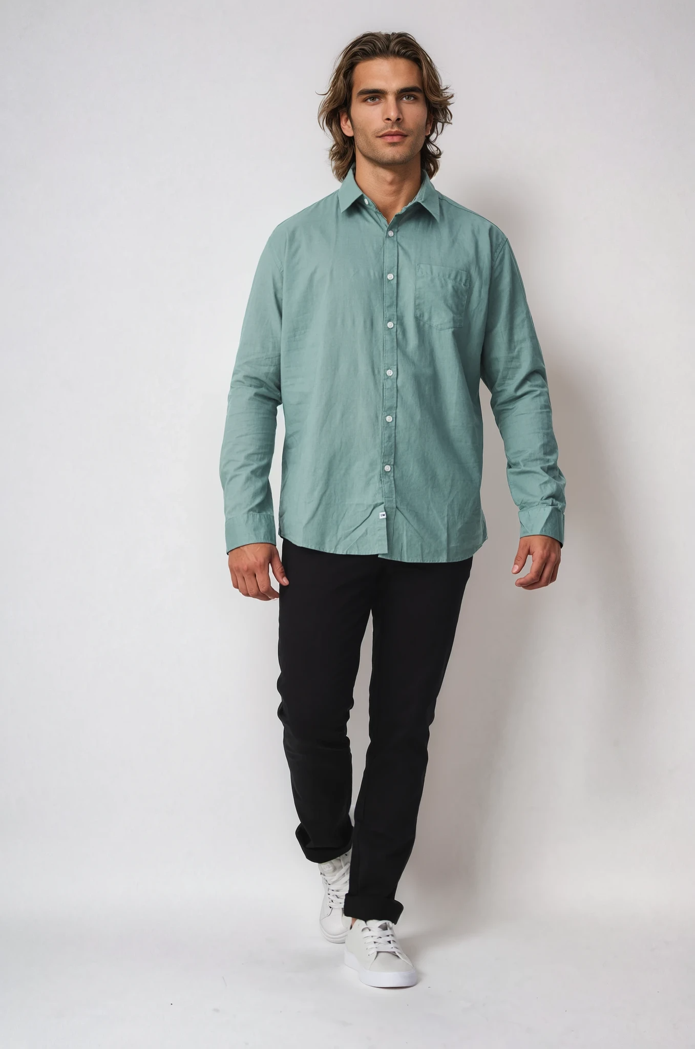 AVALON LIGHT GREEN COTTON LINEN LONG SLEEVE SHIRT