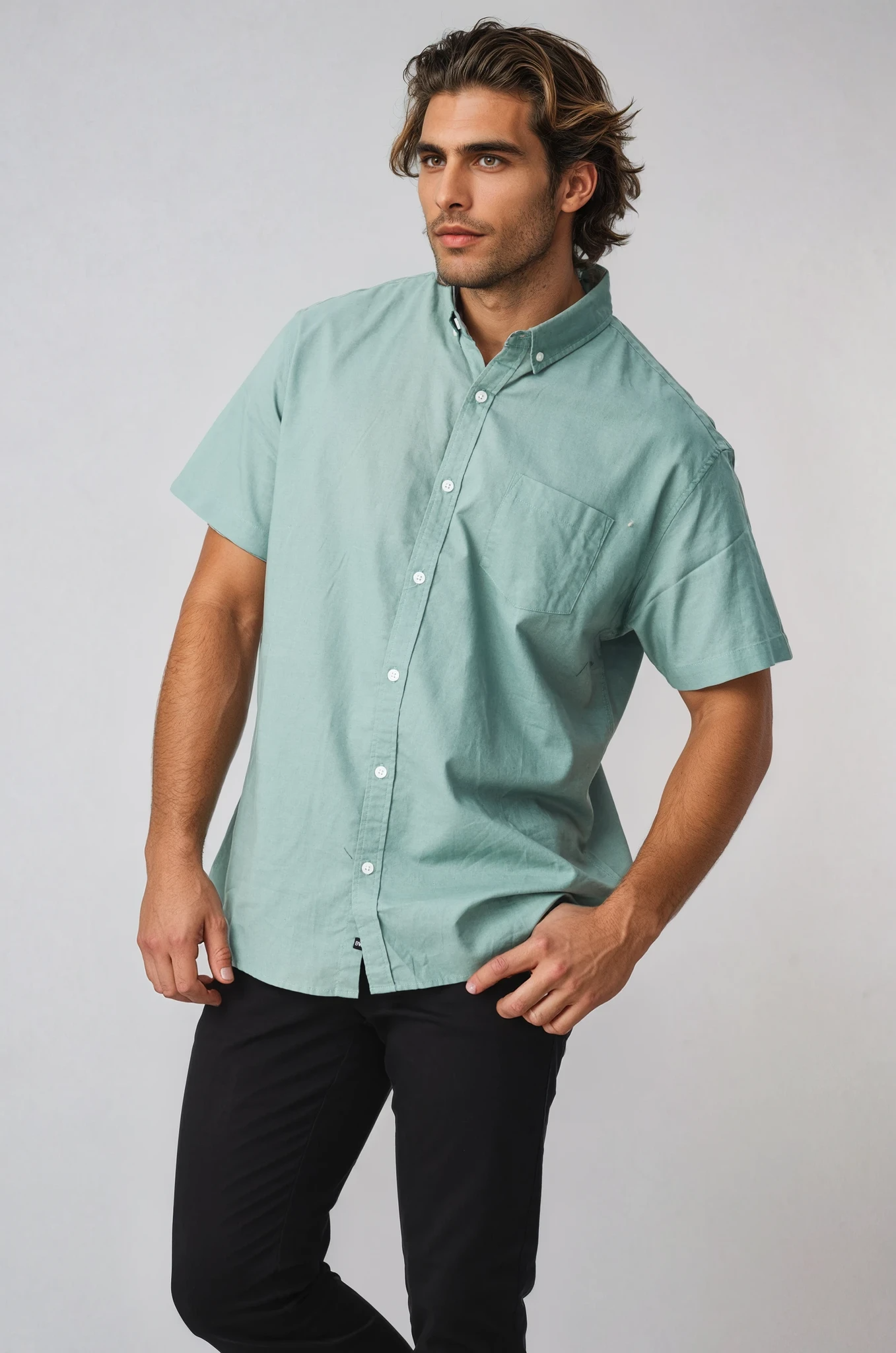 JAGO LIGHT GREEN COTTON LINEN SHORT SLEEVE SHIRT