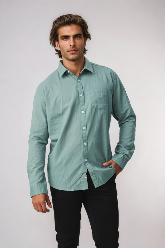 AVALON LIGHT GREEN COTTON LINEN LONG SLEEVE SHIRT