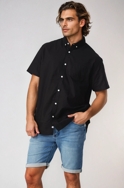 JAGO BLACK COTTON LINEN SHORT SLEEVE SHIRT