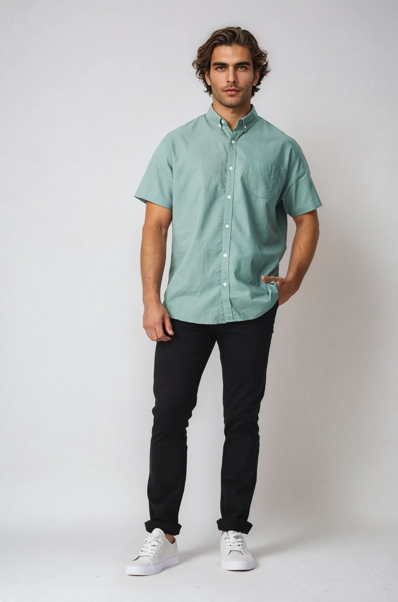 JAGO LIGHT GREEN COTTON LINEN SHORT SLEEVE SHIRT